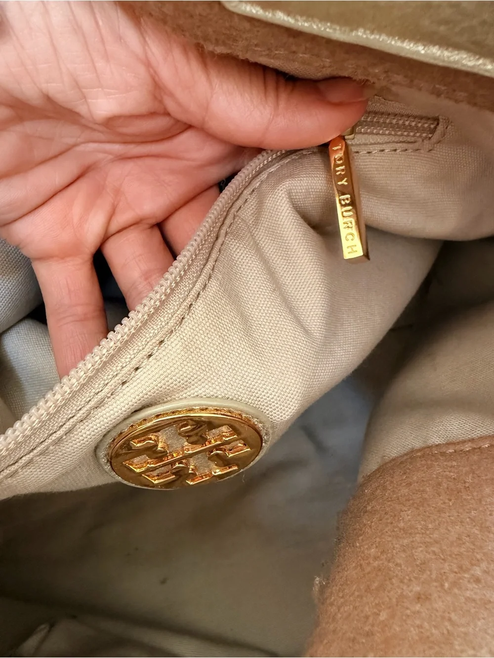TORY BURCH Ella Brown Wool & Gold Canvas Tote Bag